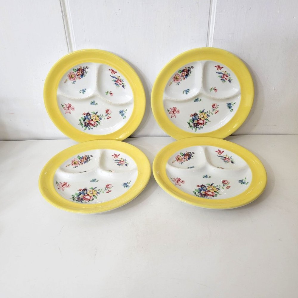 Syracuse China Yellow Floral Divided Dinner Plates Set of Four - Picture 2 of 10